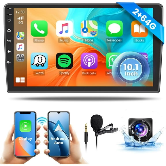Podofo2+64GB Android 15.0 Double Din Car Stereo Wireless Carplay Android Auto, 10 inch Android Radio 1080P Touchscreen Radio GPS Navi WiFi Bluetooth SWC Mic AHD Backup Camera