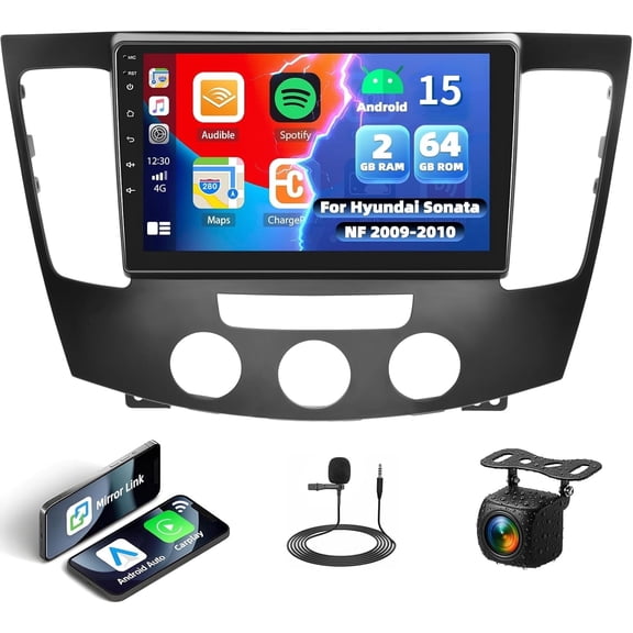 Rimoody 2G+64G Android 15 Car Stereo Radio for Hyundai Sonata NF 2009 2010 Wireless Apple CarPlay Android Auto 9 Inch HD Touch Screen GPS Navigation Mirror Link WiFi FM/RDS SWC AHD Backup Camera Mic