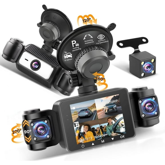 Rimoody 4 Channel Dash Cam 360° View, 1080P Dash Cam Front and Rear Inside Left Right, 2.4 Inch IPS Screen Dash Camera for Cars , 24Hr Parking, 170°Wide Angle, Loop Recording, IR Night Vision