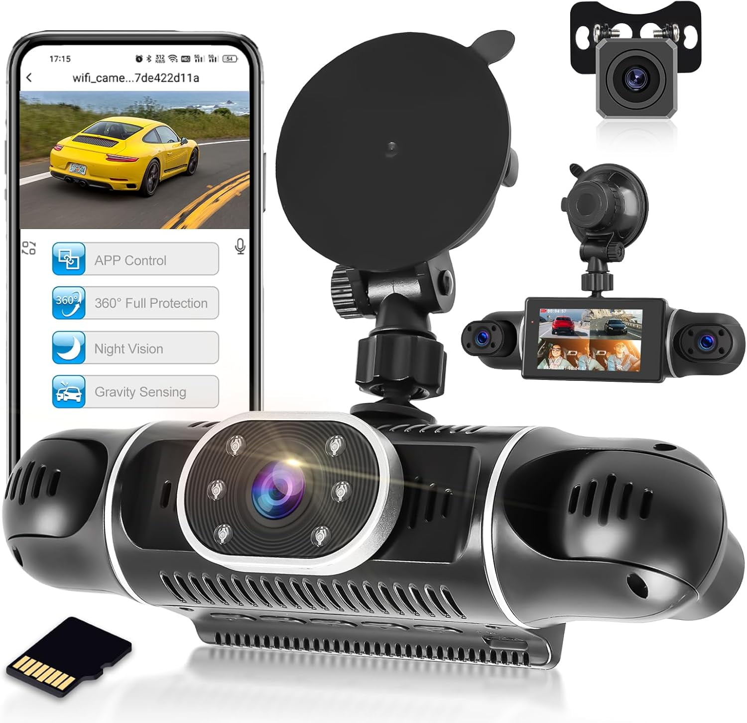 Registratore di Guida per Auto con Telecamera a 4 Canali, Dash Cam per Auto, Display da 3 Pollici HD 1080P Visione Notturna IR Registratore per Auto Panoramico a 360 Gradi per