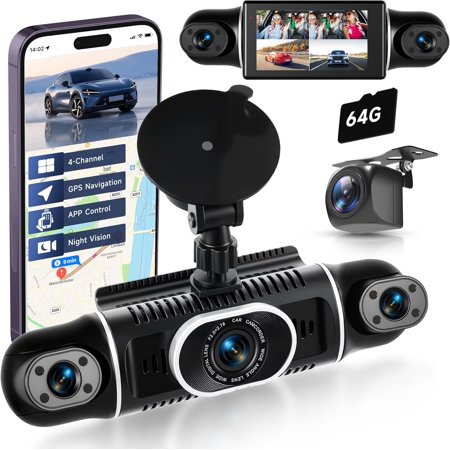 Rimoody 4 Channel Dash Cam Front and Rear Inside 360° Dash Camera for Cars ?,?2560*1440P?IPS 4K/2K Mini Dashcam,WiFi GPS Night Vision,24/7 Parking Mode,64G DVR,G-Sensor