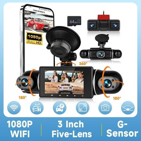 Rimoody 5 Channel Dash Cam with WiFi & APP Control, 5x1080P Front and Rear Inside Left Right, Five Cameras with 64GB Card, G-Sensor, 24 Hours Parking Mode, Loop Recording, Night Vision