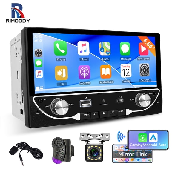 Rimoody 6.9 Inch Double Din Car Stereo with Wireless Carplay Android Auto Touchscreen Car Radio Bluetooth 5.0, Mirror Link FM EQ SWC, Car Audio Receivcer with USB/Type-C/Aux Input, Mic
