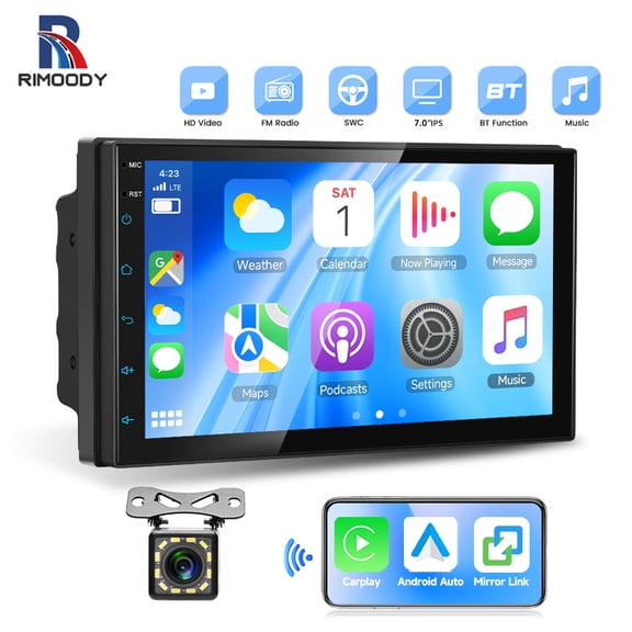 Rimoody 7" Double Din Car Stereo Radio with Wireless Carplay/Android Auto Mirror Link +Backup Camera