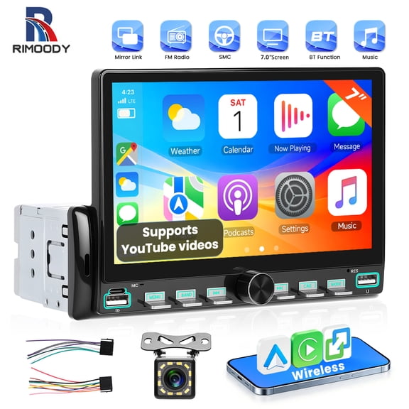 Rimoody 7'' Single Din Touch Screen Car Stereo Radio with Wireless Carplay&Android Auto/Bluetooth/Mirror Link+ Camera