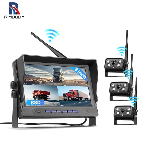 Rimoody 9'' IPS Screen Wireless Reverse Camera Anti-interference IP68 Waterproof Infrared Night Vision with 3 Cameras with BSD