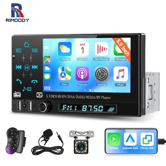 Rimoody Single Din 5.5 in Touch Screen Car Stereo Radio with Wield CarPlay&Android Auto/Mirrolink+Backup Camera/Mic/SWC