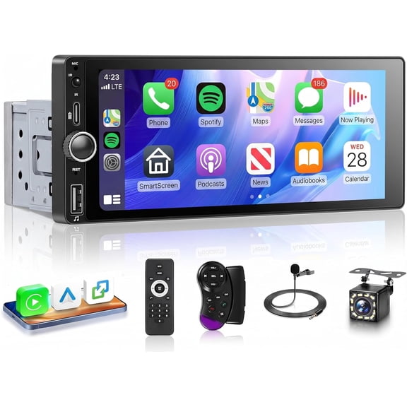 Rimoody Single Din Car Stereo 6.86 Inch Touch Screen - Wireless CarPlay/Android Auto, Bluetooth + Backup Camera