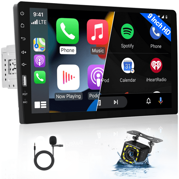 Rimoody Single Din Car Stereo with Apple Carplay Android Auto, 9 Inch Touch Screen Car Radio with Bluetooth FM AM Receiver Support Mirror Link USB/AUX Input Car Multimedia Player 1 Din + Backup Camera