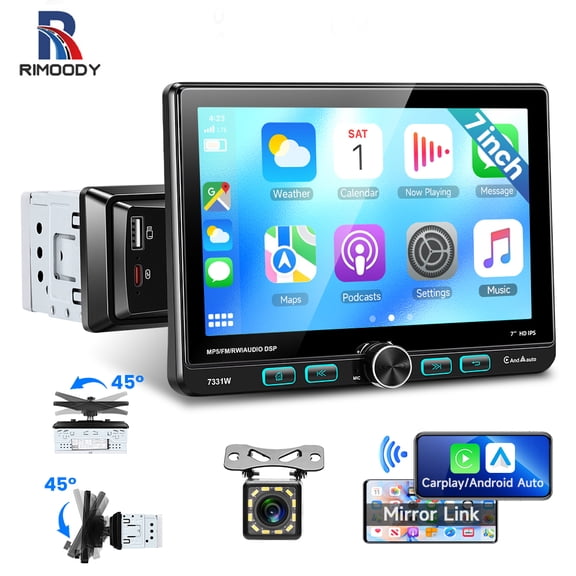 Rimoody Single Din 7 in Touch Screen Car Stereo Radio Detachable Swivel with Wireless CarPlay&Android Auto/Mirrolink+Backup Camera