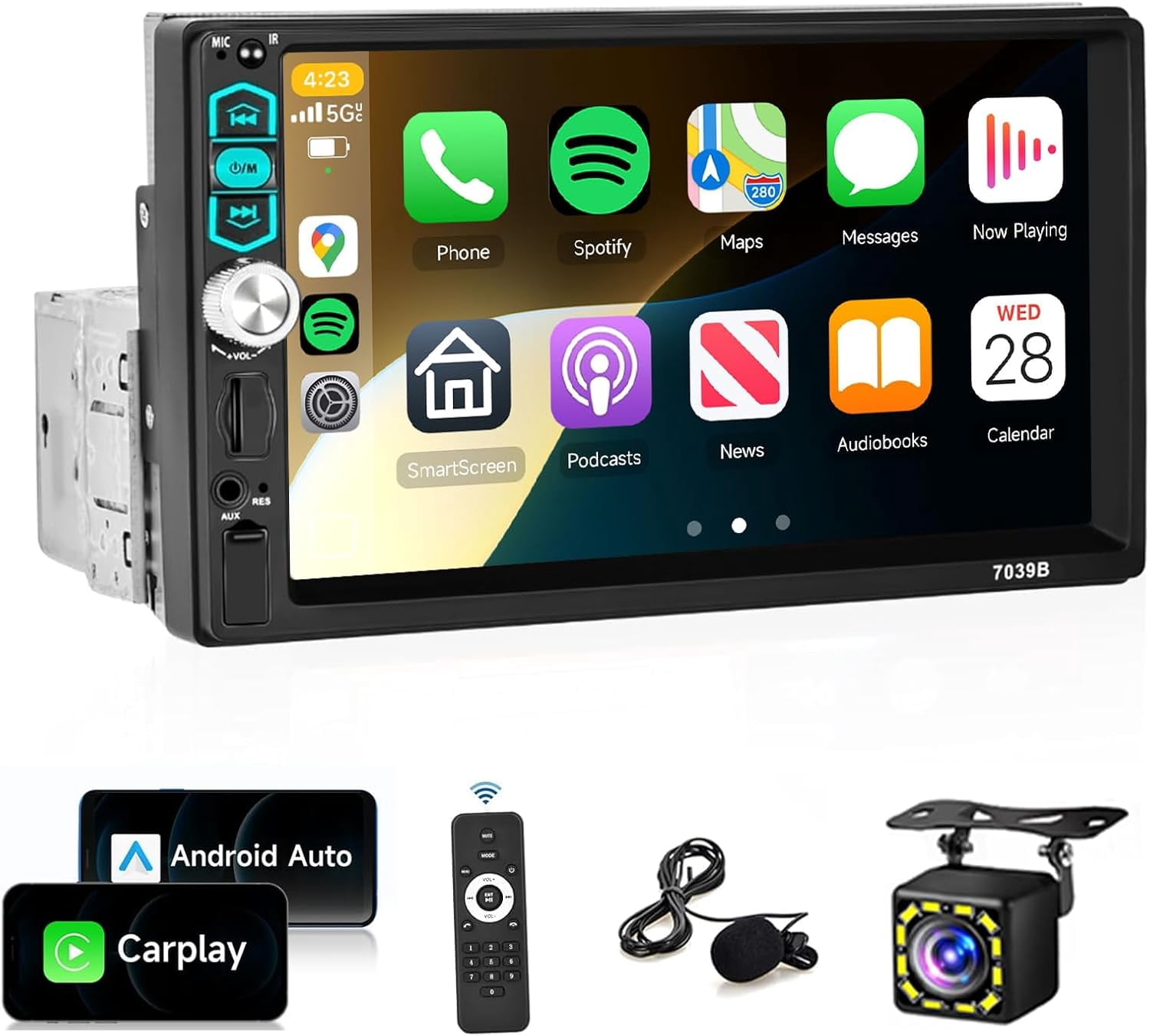 Autoradio 1 Din Con Carplay E Android Auto Wireless – Touchscreen 5.1", Bluetooth, FM/AM, Telecamera Posteriore, Controllo Volante