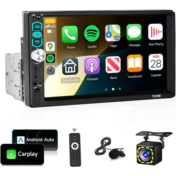 Rimoody Single Din Car Stereo Radio with Carplay Android Auto,Rimoody 7Inch 1080P HD IPS Touchscreen 5.1Bluetooth Car Radio Audio Support FM Radio EQ Mirror Link SWC USB/TF/Aux-in Ports+Backup Camera