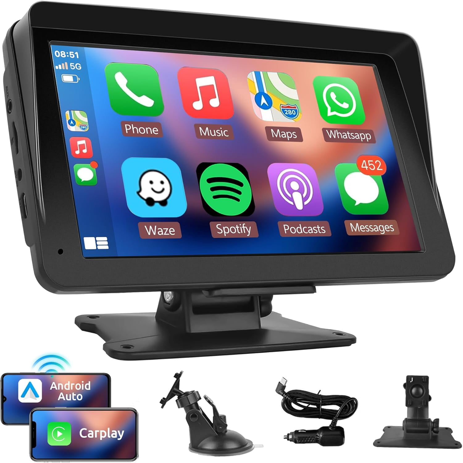 10.3 Inch Portable Wireless CarPlay Screen Stereo – HD Touchscreen, Android Auto, FM Transmitter | Universal For Cars, Trucks, RVs 7V-32V