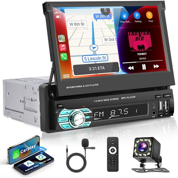 Rimoody Wireless Carplay Single Din Stereo, 7 Inch HD Flip Out Car Radio with Wired/Wireless Car Play Android Auto Bluetooth5.1 Mirror Link Type-C/USB/AUX/TF SWC Car Audio Receiver+Backup Camera