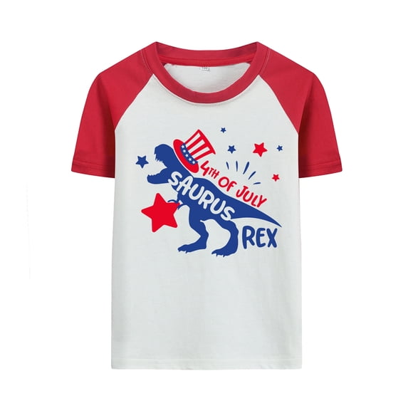 Rimyaw Toddler Boys 4th of July Shirt, Patriotic Dinosaur Graphic Raglan Tee, Red Sleeve Independence Day Top, Sizes 2T-7T