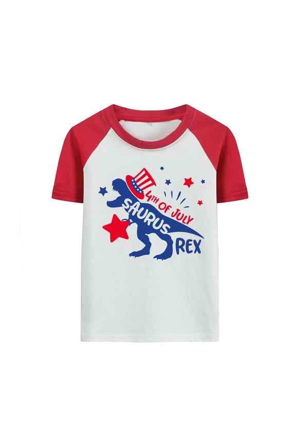 Toddler Boys 4th of July Shirt, Patriotic Dinosaur Graphic Raglan Tee, Red Sleeve Independence Day Top, Sizes 2T-7T
