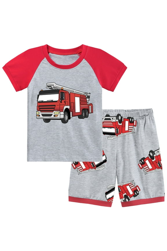 Boys Summer Pajamas Fire Truck Cotton Short Sleepwear PJS Casual Clothes 6T