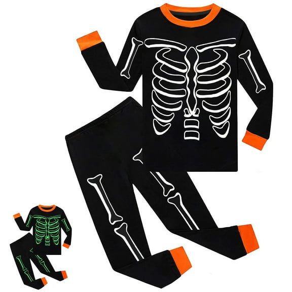 Rimyaw Glow in the Dark Kids Pjs, Skeleton Halloween Pajamas, 2-Pack, Black