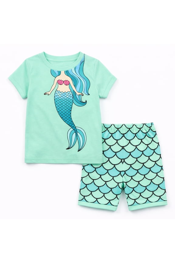 Little Girls Mermaid Pajama Set, 2-Piece Cotton Sleepwear, Short Sleeve Tee and Shorts, Soft Summer PJs, Sizes 6T
