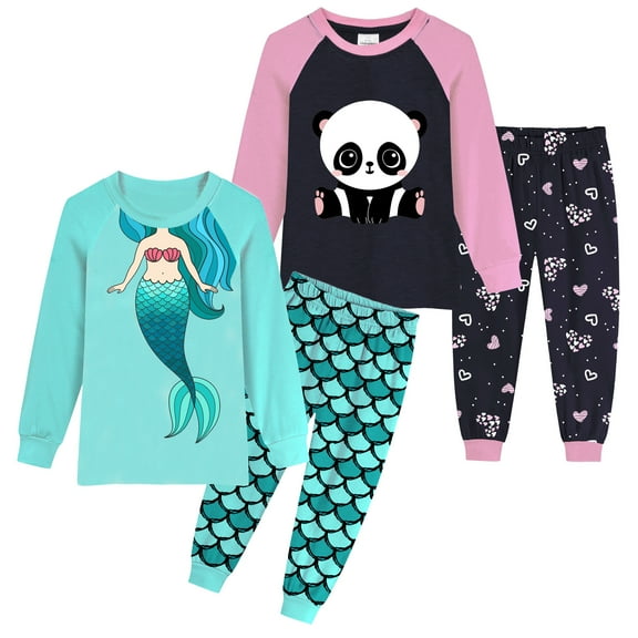 Rimyaw Girls Pajamas 4pcs Graphic Mermaid Panda Sleepwear Sets Kids Cotton PJS Shirts Pants Clothes 6T