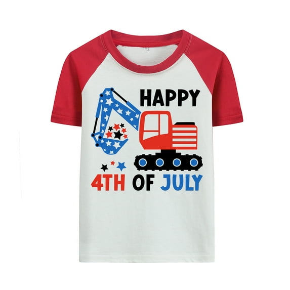 Rimyaw Independence Day Kids Tee Shirts Excavator American Flag Design Raglan Sleeve Tops 2T