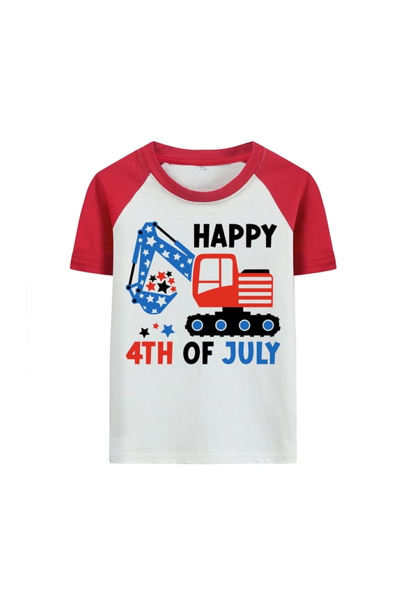 Boys Patriotic Raglan Tee, 4th of July Car Graphic Shirt for Toddler Little Boys, Red Sleeve Summer Top, 2T-7T