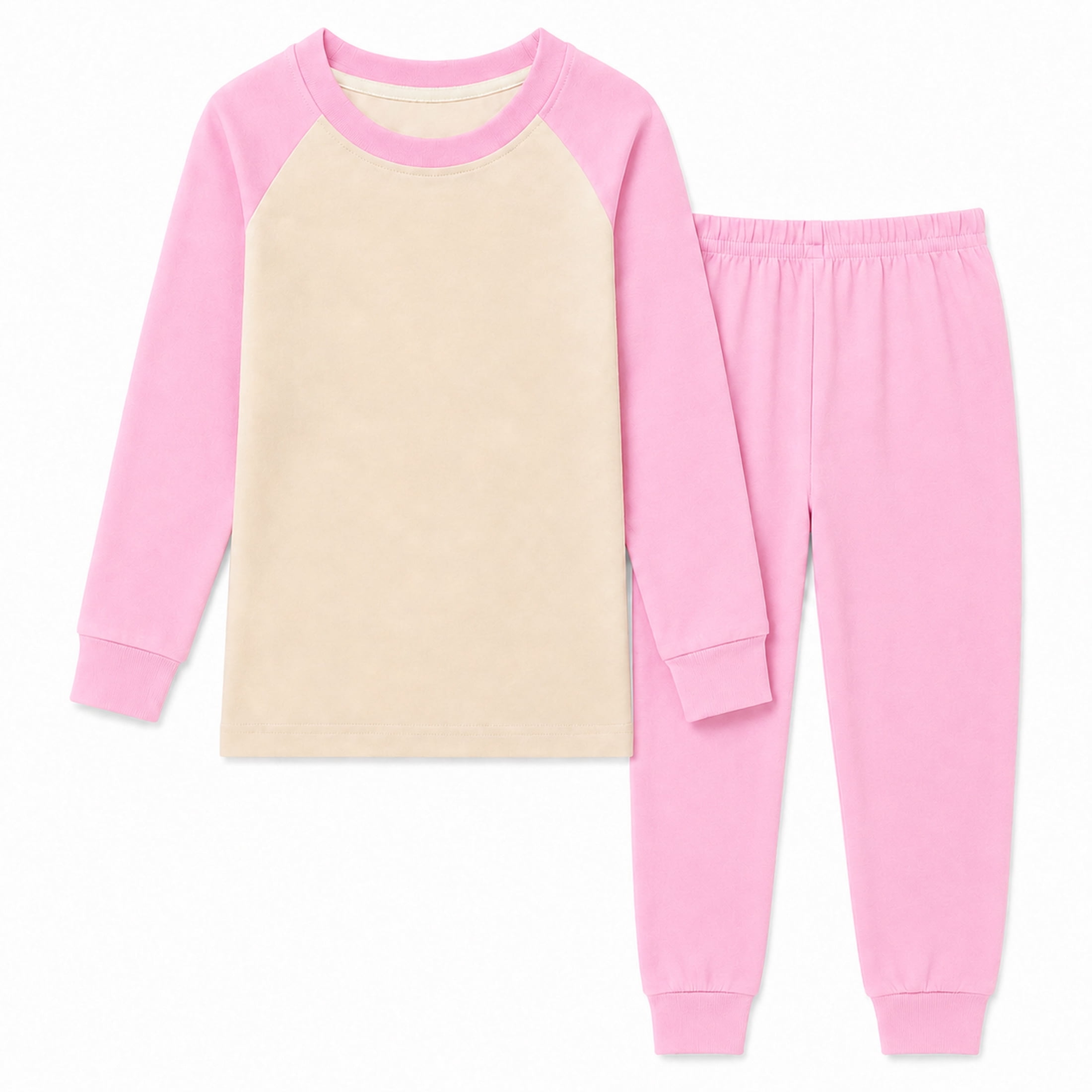 Solid Soft Pink Color Rimyaw Kids 2-Piece Loungewear Set, Long Sleeve Cotton Blend Top and ...