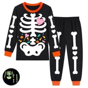 Kids Halloween Pajamas Set, Glow in the Dark Skeleton Sleepwear, 2-Piece cottom Long Sleeve PJs for Boys and Girls, Black, Size 5T