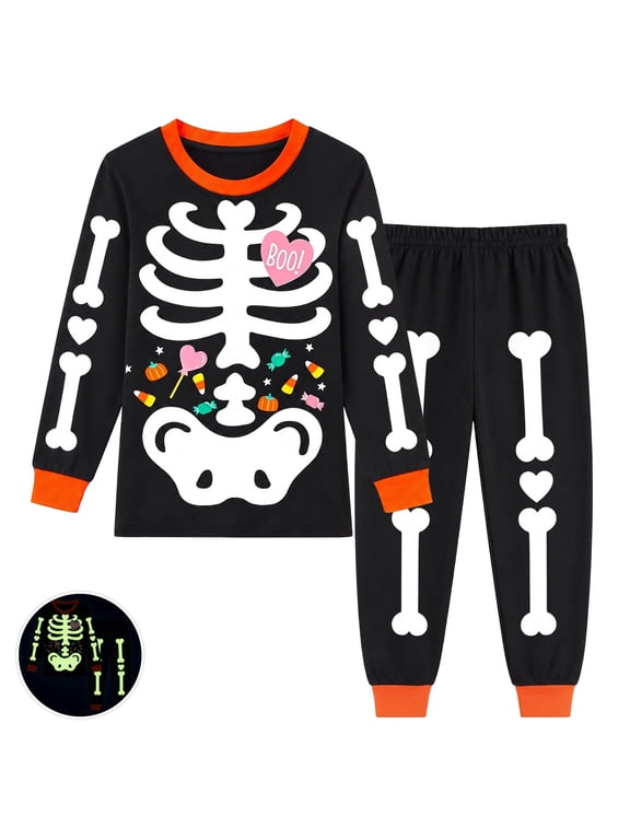 Kids Halloween Pajamas Set, Glow in the Dark Skeleton Sleepwear, 2-Piece cottom Long Sleeve PJs for Boys and Girls, Black, Size 5T