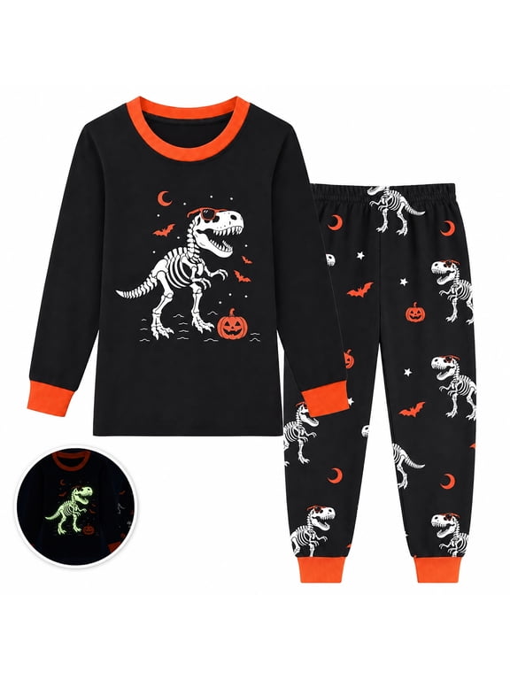 Kids Halloween Pajamas Set, Glow-in-the-Dark T-Rex Dinosaur Skeleton, 100% Cotton 2-Piece Long Sleeve Sleepwear, Black, Size 3T