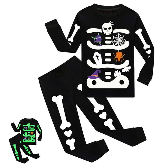Rimyaw Kids Halloween Skeleton Pajamas Glow in the Dark Boys Girls Cobweb Printed Sleepwear Sets Pjs Clothes Size 6T