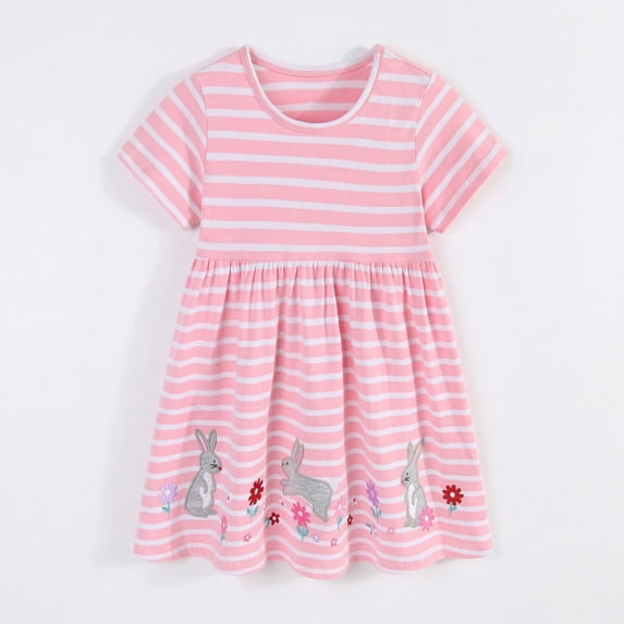 Rimyaw Little Girls Bunny Dress, Short Sleeve A-Line Sundress with Applique, Soft Summer Casual Pink Dress, Size 6T