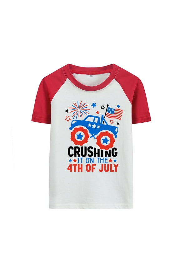 Toddler Boys 4th of July Shirt, Patriotic Car Graphic Raglan Tee, Red Sleeve Independence Day Top, Sizes 2T-7T