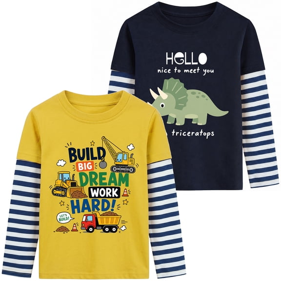 Rimyaw Toddler Boys 2-Pack Long Sleeve Graphic T-Shirts, Dinosaur and Construction Truck Tees, Soft Casual Tops, Yellow/Navy, Size 2T