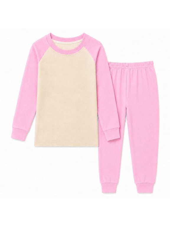 Kids 2-Piece Loungewear Set, Long Sleeve Cotton Blend Top and Jogger Pants, Soft Stretch Solid Color Homewear, Pink, Size 2T