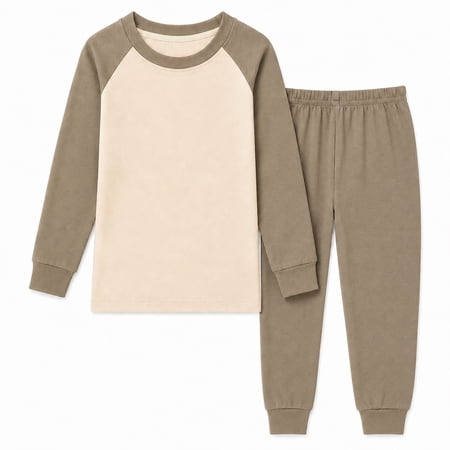 Rimyaw Kids 2-Piece Loungewear Set, Long Sleeve Cotton Blend Top and Jogger Pants, Soft Stretch Solid Color Homewear, Khaki, Size 3T