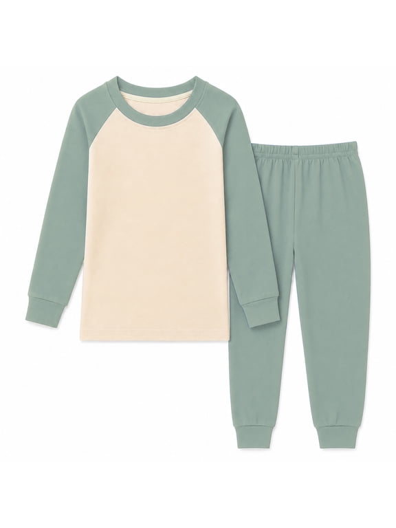 Kids 2-Piece Loungewear Set, Long Sleeve Cotton Blend Top and Jogger Pants, Soft Stretch Solid Color Homewear, Mint Green, Size 5T