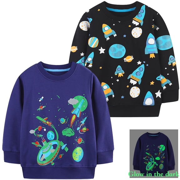Rimyaw Toddler Boys Graphic Sweatshirts Glow in the Dark 2-Pack Pull-On Cotton Tops Kids Clothes 4T