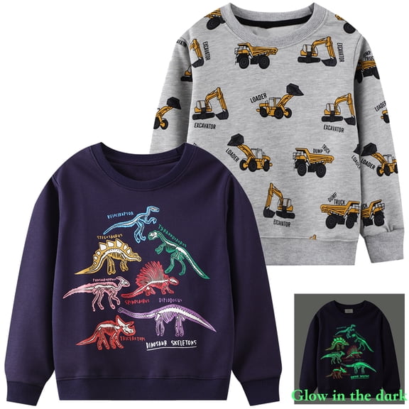 Rimyaw Toddler Boys Graphic Sweatshirts Glow in the Dark 2-Pack Pullover Cotton Tops Kids Clothes 3T