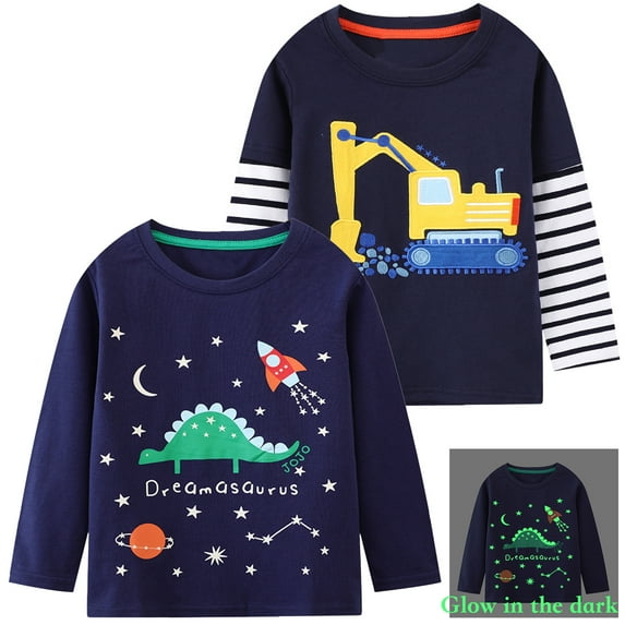 Rimyaw Toddler Boys Graphic Tees Shirts Glow in the Dark 2-Pack Long Sleeve Cotton Tops Clothes 2T
