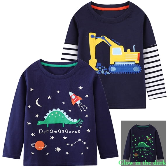 Rimyaw Toddler Boys Graphic Tees Shirts Glow in the Dark 2-Pack Long Sleeve Cotton Tops Clothes 3T