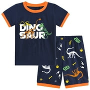 Rimyaw Toddler Boys Dinosaur Pajama Set, 2-Piece Cotton Sleepwear, Short Sleeve Graphic Tee and Shorts Summer PJs, Size 2T