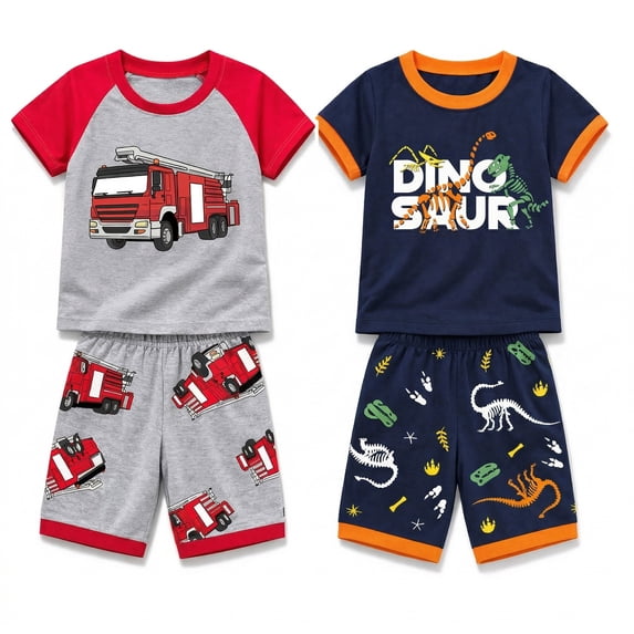 Rimyaw Toddler Boys Fire Truck Pajama Set, 4-Piece Cotton Sleepwear, Short Sleeve Tops and Shorts Summer PJs, Soft Kids Pajamas, Size 5T