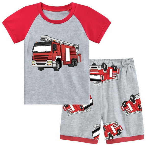 Rimyaw Toddler Boys Fire Truck Pajama Set, 2-Piece Short Sleeve Cotton Sleepwear, Soft Summer PJs with Shorts, Size 3T