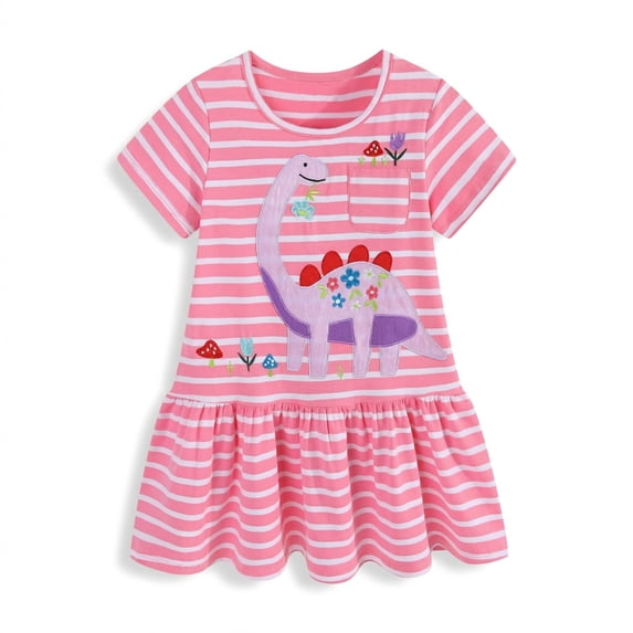 Rimyaw Toddler Girls Dinosaur Dress, Short Sleeve A-Line Sundress with Applique, Soft Summer Casual Pink Dress, Size 5T