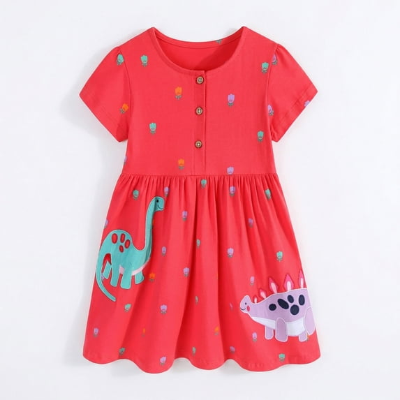Rimyaw Toddler Girls Dinosaur Dress, Short Sleeve A-Line Sundress with Applique, Soft Summer Casual Red Dress, Size 2T