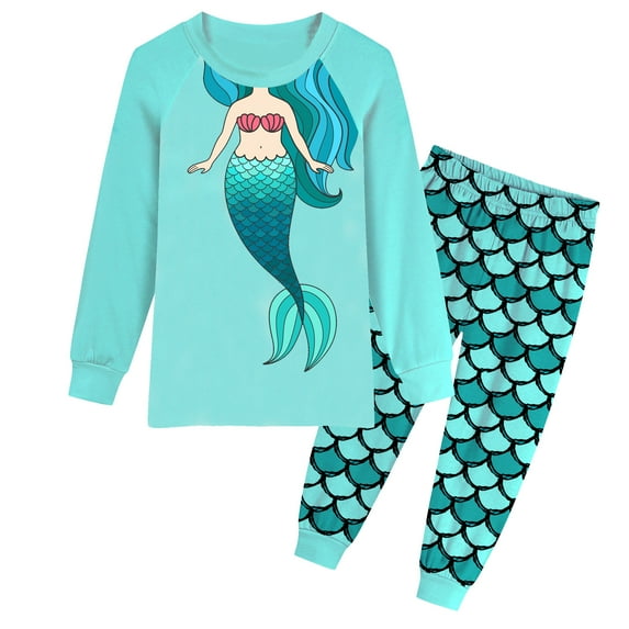Rimyaw Toddler Girls Cotton Pajamas, 2-Piece Mermaid Sleepwear Set, Casual Clothes, 3T