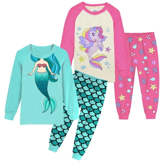 Rimyaw Toddler Girls Pajamas 4pcs Graphic Mermaid Unicorn Sleepwear Sets Kids Cotton PJS Clothes 5T