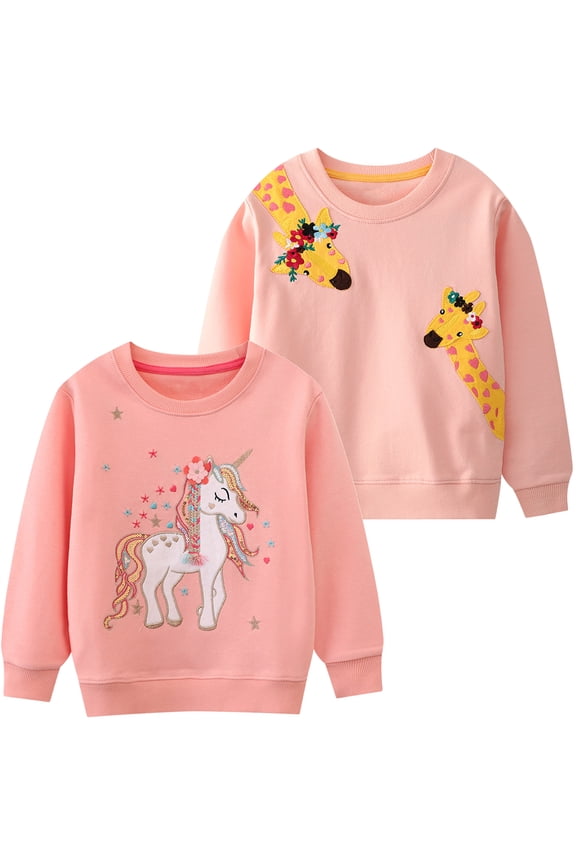Toddler Girls Sweatshirts 2-Pack Unicorn Pullover Crewneck Cotton Tops Kids Outfit Shirt Clothes 2T