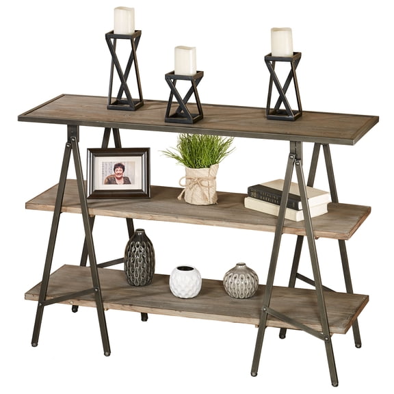 Rina Three Tier Console Table with Three Shelves, Each Shelf 47 by 15.5 Inches, 32.5 Inches Tall, 10.5 Inches between Shelves, Wood and Iron Design 3 Tier